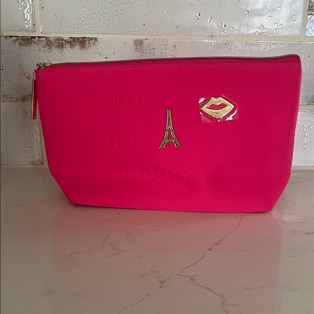 Lancome Hot Pink Cosmetic Pouch with Gold Eiffel Tower & Lip Accent